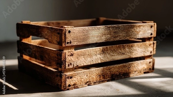 Fototapeta A wooden crate is sitting on a concrete floor. The crate is empty and has a rustic appearance