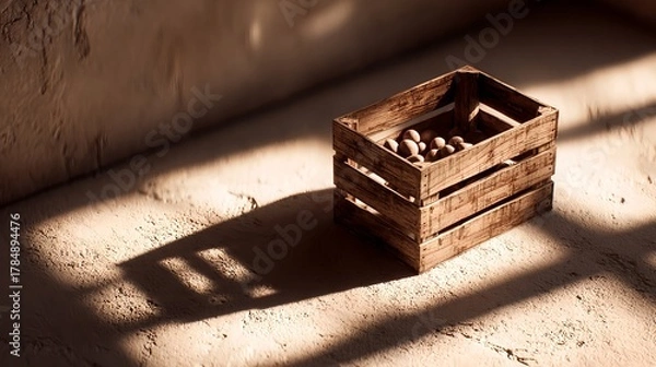 Fototapeta A wooden crate with a few eggs in it is sitting on a sandy floor. The crate casts a shadow on the ground, creating a sense of depth and dimension. The eggs inside the crate are arranged in a neat