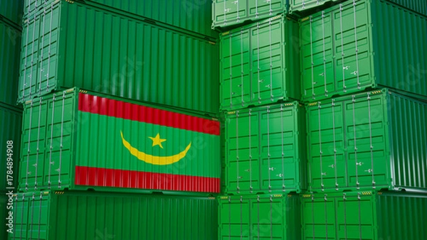 Obraz Cargo shipping container with Mauritania flag, shipping and freight transportation of Mauritania concept.