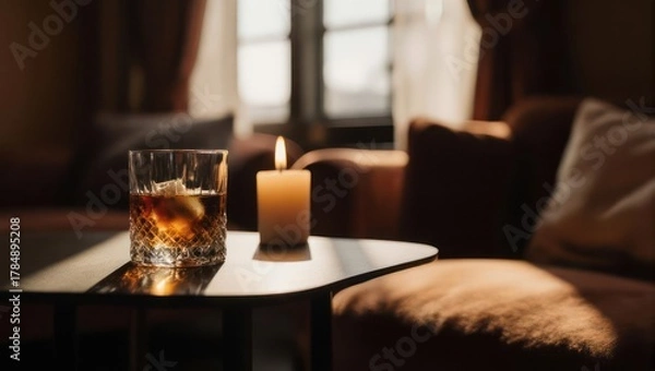 Fototapeta A glass of whiskey and a lit candle create a cozy evening atmosphere.