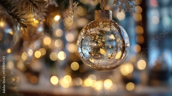 Fototapeta Close-up view of a decorative glass ornament hanging on a Christmas tree with warm lights in the background during the holiday season