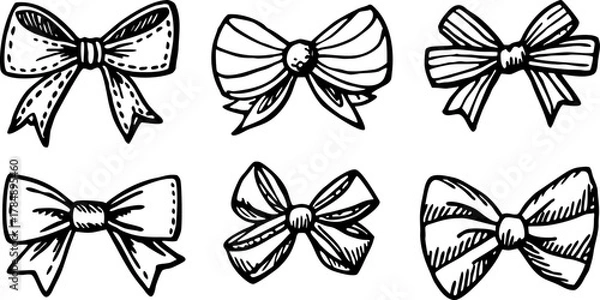 Obraz A collection of six different hand-drawn bow illustrations are arranged against a stark white background. The bows are drawn in a detailed, monochromatic ink-sketch style, utilizing cross-hatching and