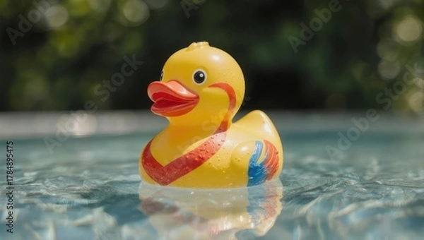Obraz A single yellow rubber duck toy floating peacefully in a swimming pool on a sunny day.