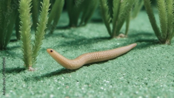 Fototapeta A small pale worm-like creature with a distinct head shape crawls on a green sandy surface surrounded by tall green plants.