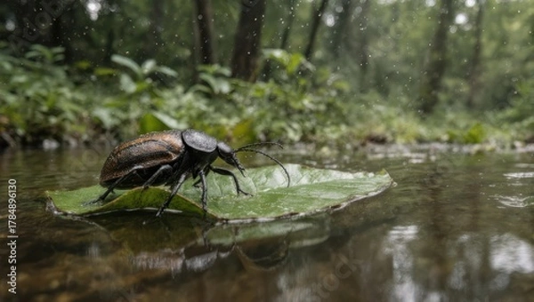 Fototapeta Beetle on a Leaf Floating in a Stream in a Forest.