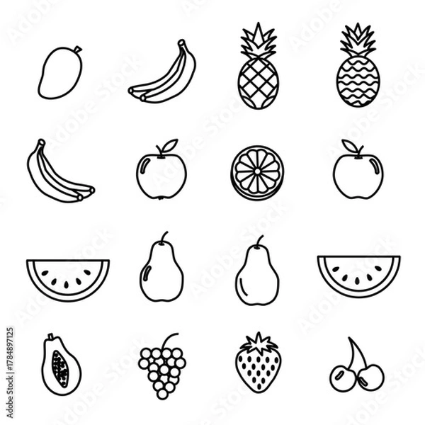 Obraz Minimal Fruit Line Icon Set | 12 Modern Outline Vector Fruits