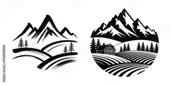 Obraz Brush Stroke Farm Mountain Logo Vector Illustration Set