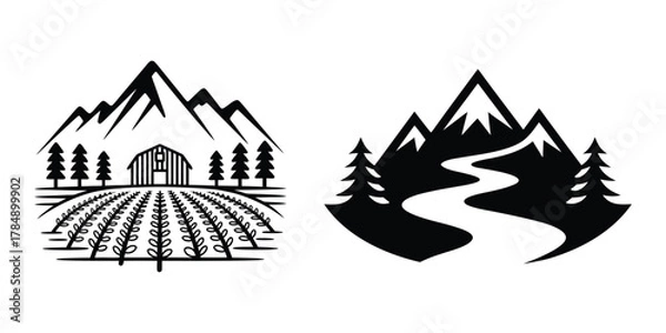 Obraz Mountain Farm Agriculture River Path Logo Vector Set