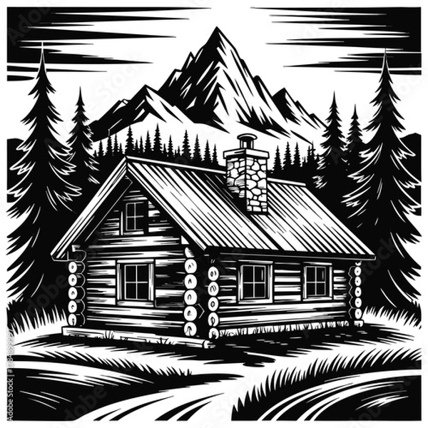 Obraz Detailed Mountain Log Cabin Forest Vector Illustration