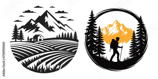 Obraz Farm Hiking Mountain Agriculture Vector Logo Set