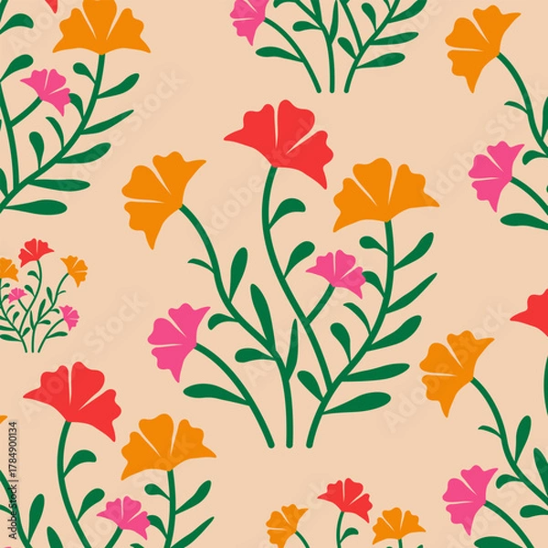 Fototapeta Flower vintage seamless pattern background. Abstract botanical wallpaper with foliage, flower. Suitable for fabric, prints, packaging, wall art and home decoration. Vector