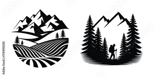 Obraz Mountain Farm and Hiking Vector Illustration Set