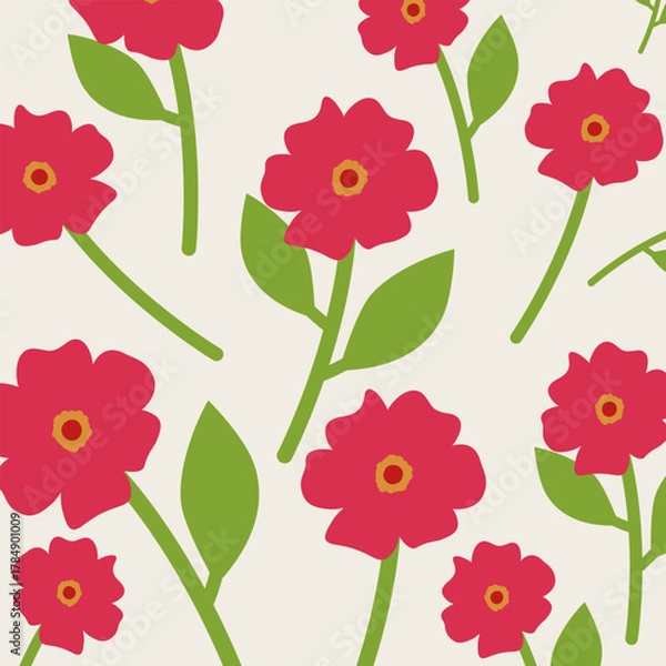 Fototapeta Vintage botanical seamless floral pattern background with red flower and green leaves. Suitable for wrapping paper, fabric, prints, cover, packaging, wall art and decoration. Vector