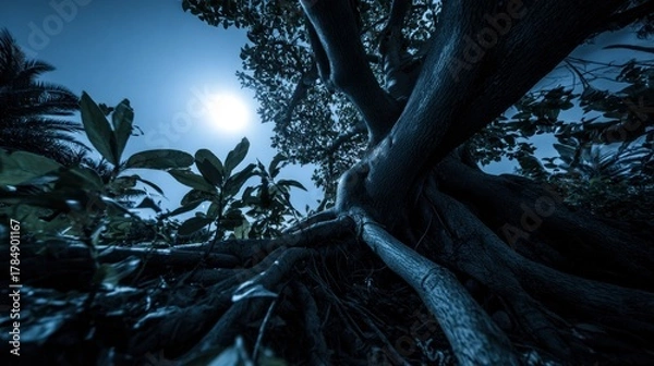 Fototapeta Large tree roots spread under moonlit sky