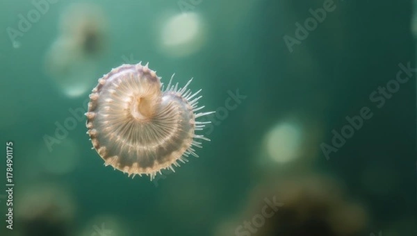 Fototapeta Close up of a small seashell floating in clear green water.