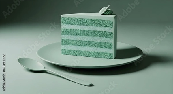 Fototapeta Slice of green cake on a plate with spoon in monochrome color scheme