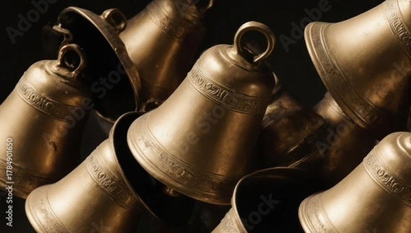 Fototapeta Close-up of multiple antique brass bells with intricate designs, creating a textured and reflective surface.