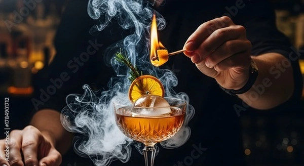 Fototapeta Bartender lighting a cocktail with a match, creating a smoky presentation