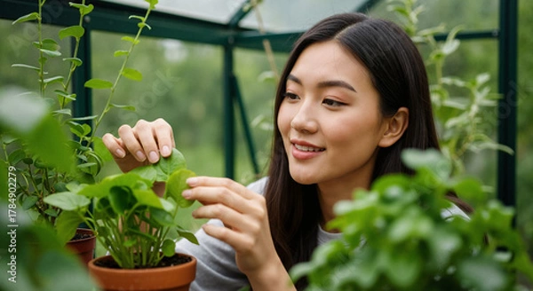 Fototapeta A smiling woman gently inspects a leafy green plant in a bright greenhouse, radiating a calm and nurturing mood