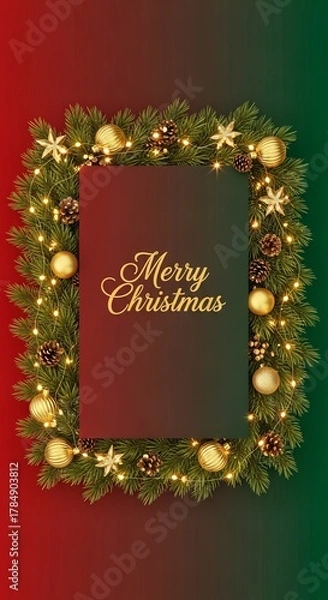 Obraz Vertical Merry Christmas card or social media post. Glowing gold wreath frame on festive red, green gradient background. Flyer or invitation design.