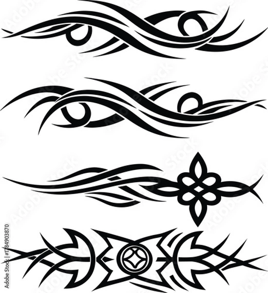 Fototapeta Set of four bold black tribal tattoo style vector horizontal borders and dividers featuring abstract flowing lines and celtic knot and thorn elements for graphic design use.
