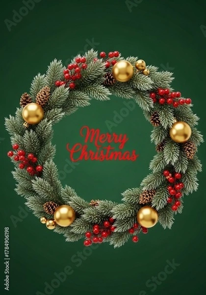 Fototapeta Merry Christmas vertical wreath design with pine branches, berries, and gold ornaments on green background, perfect for festive card or invitation.