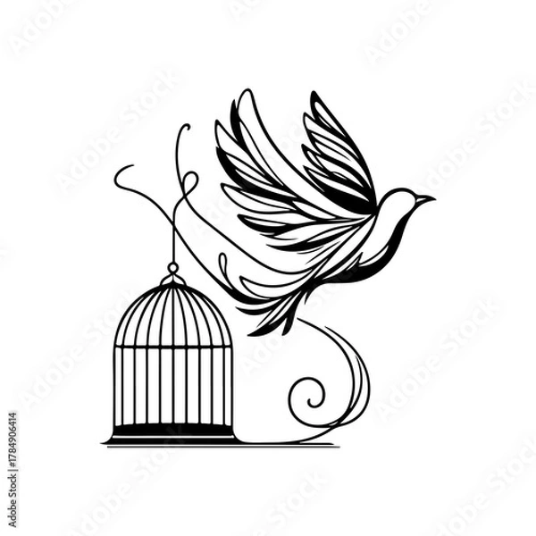 Fototapeta Bird Flying Out of Cage Line Art Vector — Black and White Minimal Illustration Symbolizing Freedom and Liberation