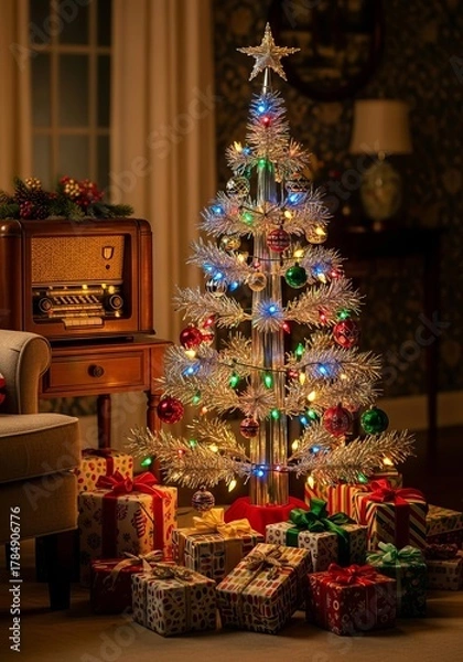 Obraz Vertical social media post shows cozy Christmas eve scene. Decorated tree with lights, star, gifts in warm home interior. Holiday celebration. Retro style Copy space area