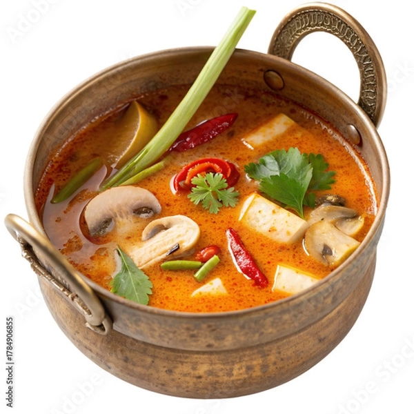 Obraz Tom Yum Soup in Traditional Brass Pot, cutout PNG transparent background