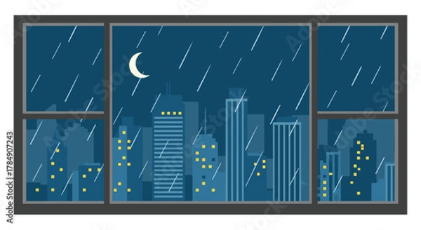 Fototapeta Cozy apartment view of a rainy city night with glowing windows and a crescent moon through the windowpane