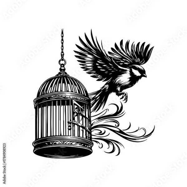 Fototapeta Bird Flying Out of Cage Vector — Handdrawn Black and White Illustration Symbolizing Freedom and Liberation