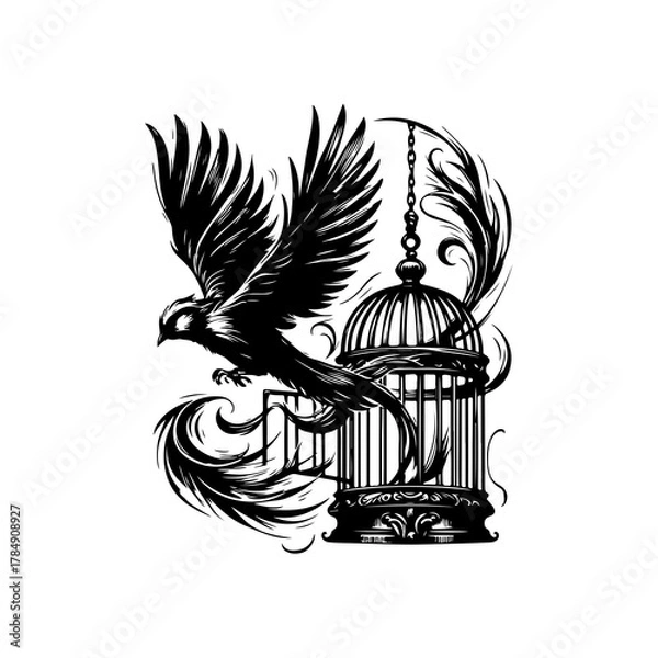 Fototapeta Bird Flying Out of Cage Vector — Handdrawn Black and White Illustration Symbolizing Freedom and Liberation