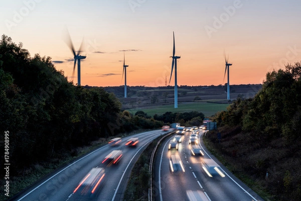 Fototapeta Wind turbines and highway traffic creating renewable energy concept
