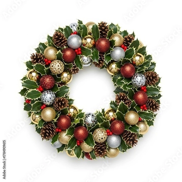 Fototapeta Festive Christmas wreath isolated on white background. Traditional holiday decoration with baubles, pinecone. Merry Christmas card element.