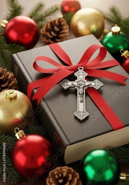 Obraz Vertical religious Christmas background. Holy book with cross, red ribbon, festive ornaments. Spiritual holiday social media post. Copy space area