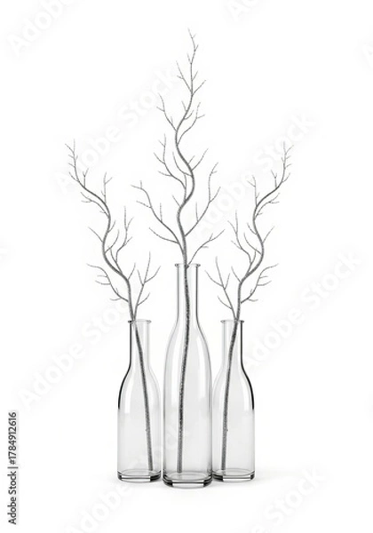 Obraz Isolated minimalist winter branches in glass vases on white background, modern Merry Christmas design for clean invitation or flyer.