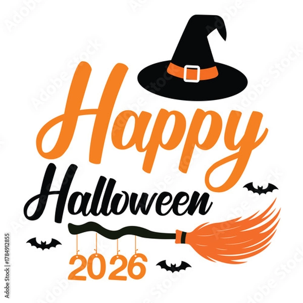 Fototapeta Happy Halloween 2026 Vector  Design With Witch, Hat, Broomstick, Bats, Black and Orange