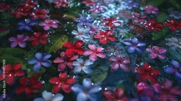 Fototapeta Colorful flowers float on water, lush greenery below