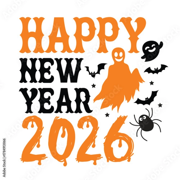 Fototapeta Happy New Year 2026 Halloween Crossover Vector with Ghost Bats and Spider