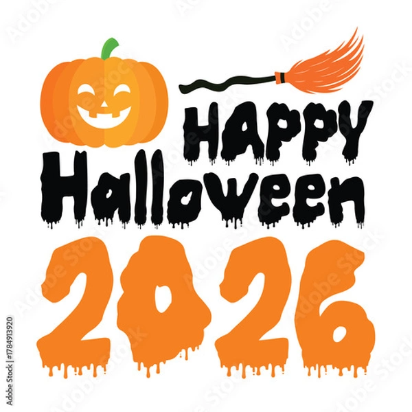 Fototapeta Halloween 2026 Vector Art with Dripping Font, Broom, and Pumpkin