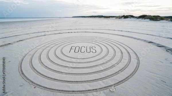 Fototapeta Concentric circles and the word FOCUS drawn on a sandy beach