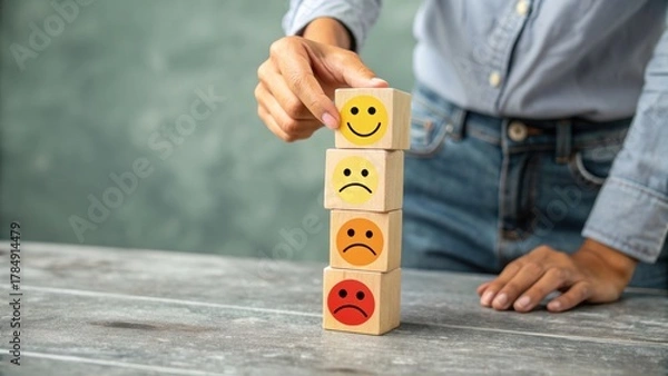 Fototapeta Person stacking wooden blocks depicting different emotions