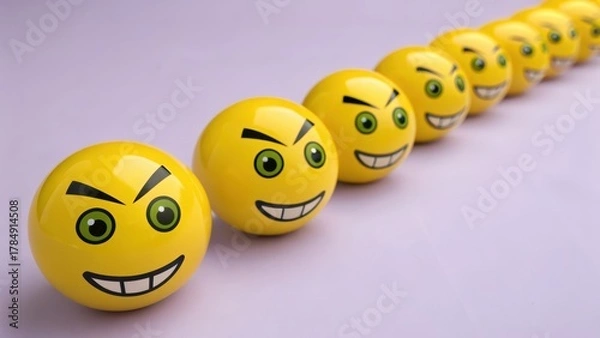 Fototapeta Row of Stylized 3D Yellow Emoji Faces Expressing Various Emotions