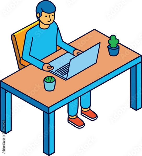 Fototapeta Isometric Man Working on Laptop at Desk with Plants Vector Illustration - Home Office Setup Remote Work Freelance Workspace Design Modern Furniture Digital Nomad Life