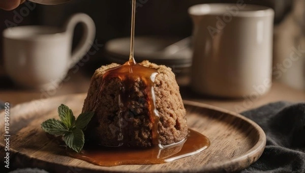 Fototapeta Delicious Sticky Toffee Pudding Drizzled with Warm Caramel Sauce and Garnished with Mint.