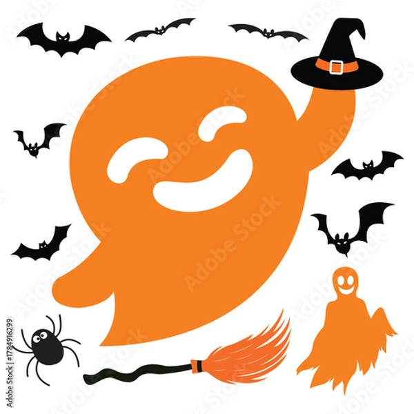 Fototapeta Orange Halloween Ghost Vector with Witch Hat, Spider, and Flying Bats
