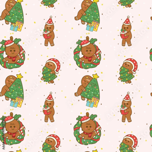 Fototapeta Festive christmas wreath and cute gingerbread Coquette seamless pattern hand drawn repeat wallpaper background,wrapping paper