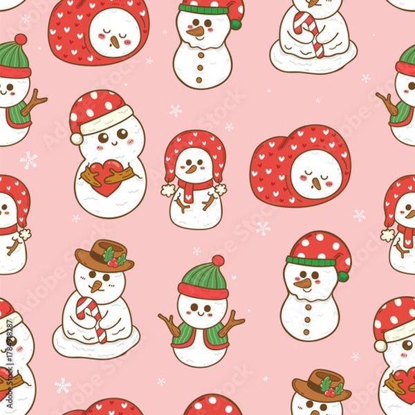 Fototapeta Festive christmas cute snowman coquette seamless pattern hand drawn repeat wallpaper background,wrapping paper
