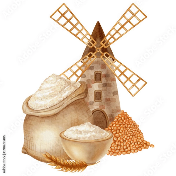 Obraz Watercolor illustration depicting a village mill, sacks, and bowls of white wheat flour. Ideal for branding, packaging, and harvesting, as well as advertising bakery, farm, and organic products