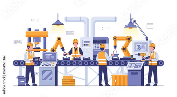 Fototapeta Skilled workers and advanced robots collaborate seamlessly on an automated assembly line, modernizing manufacturing processes for peak efficiency